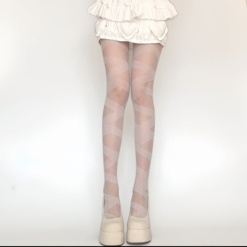 5 Pairs Japanese Bandage Style Over-the-Knee Socks – Black & White Striped Lolita Stockings