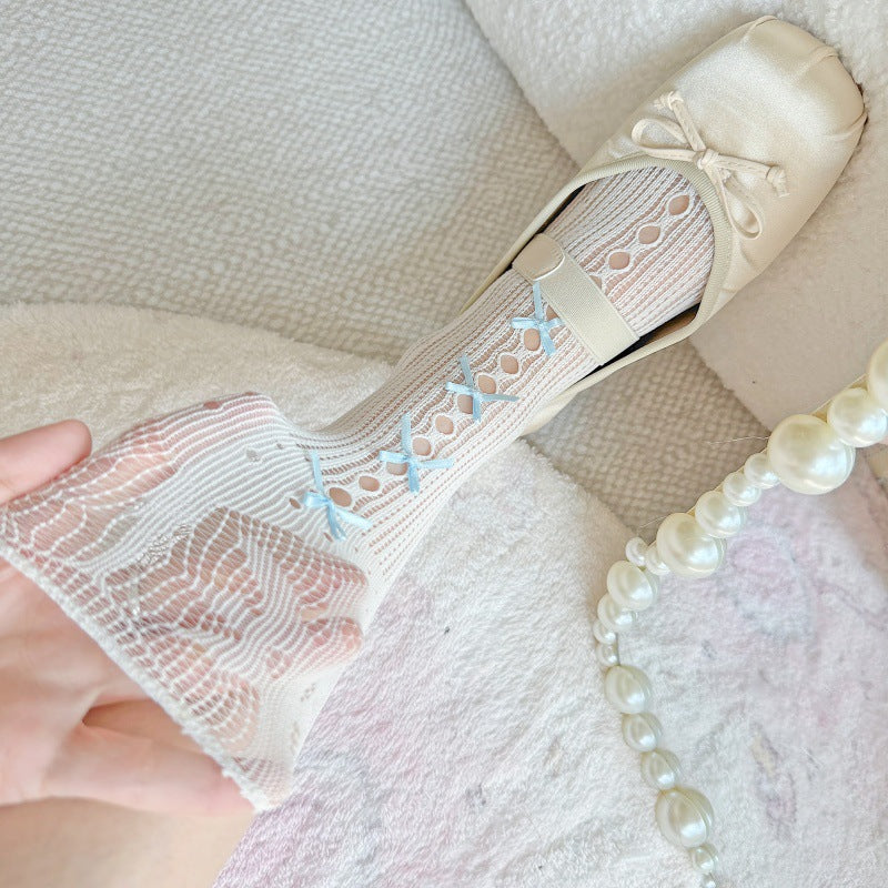 Two pairs of Lolita socks- Lolita Princess Lace Bow Knit Knee-High Socks – Cute Ballet Style Stockings