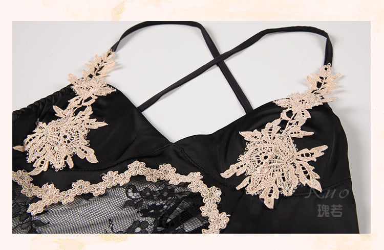 GuiRuo Satin Lace Sleepwear Set for Women, Cross Back V-Neck Silk-Like Nightdress with Robe