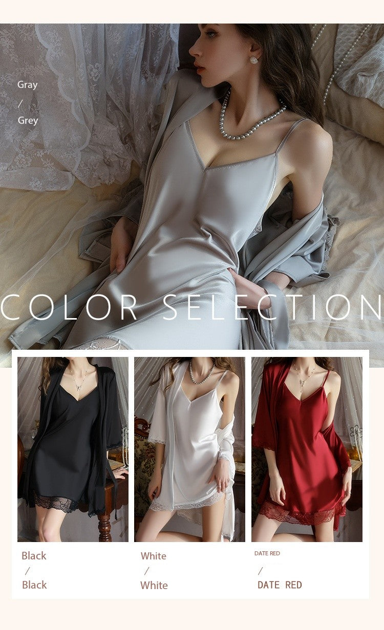 Luxury Satin Lingerie Set for Women, Plus Size Sexy Backless Nightdress with Padded Bra and Robe
