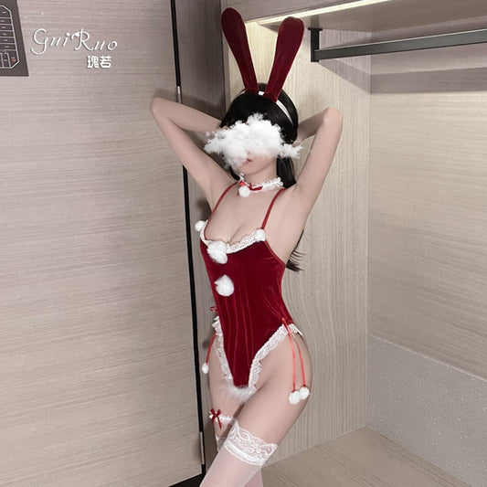 Velvet Bunny Lingerie Set - Sexy Backless Christmas Costume with Plush Trim