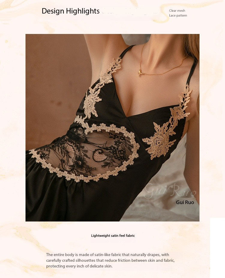 GuiRuo Satin Lace Sleepwear Set for Women, Cross Back V-Neck Silk-Like Nightdress with Robe