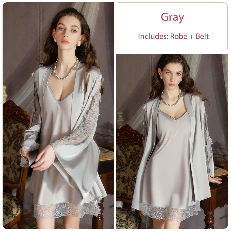Luxury Satin Lingerie Set for Women, Plus Size Sexy Backless Nightdress with Padded Bra and Robe