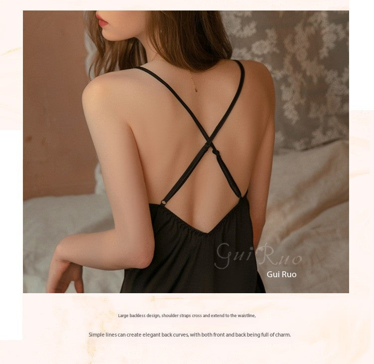 GuiRuo Satin Lace Sleepwear Set for Women, Cross Back V-Neck Silk-Like Nightdress with Robe