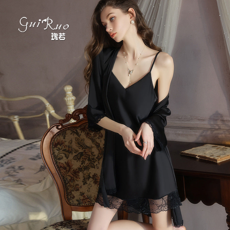 Luxury Satin Lingerie Set for Women, Plus Size Sexy Backless Nightdress with Padded Bra and Robe
