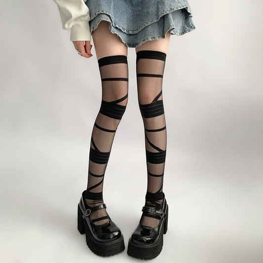 5 Pairs Japanese Bandage Style Over-the-Knee Socks – Black & White Striped Lolita Stockings