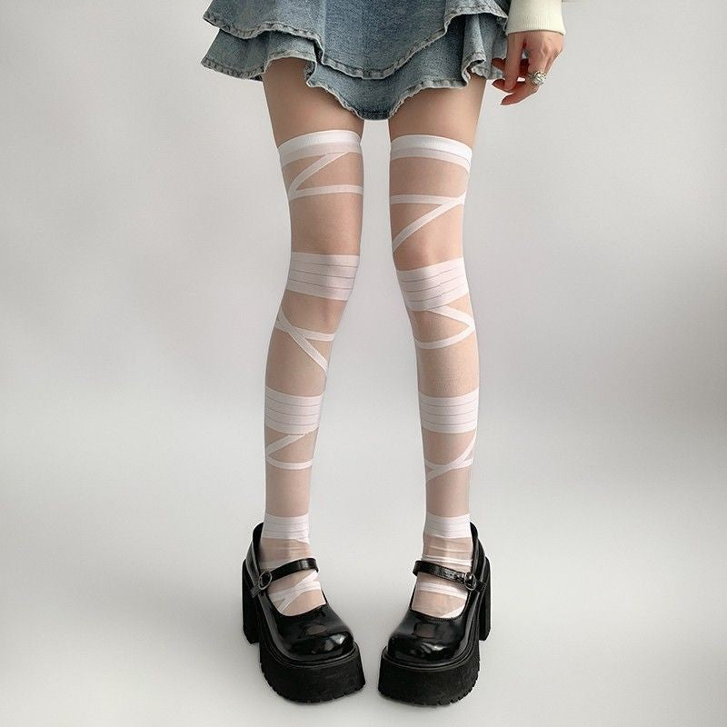 5 Pairs Japanese Bandage Style Over-the-Knee Socks – Black & White Striped Lolita Stockings