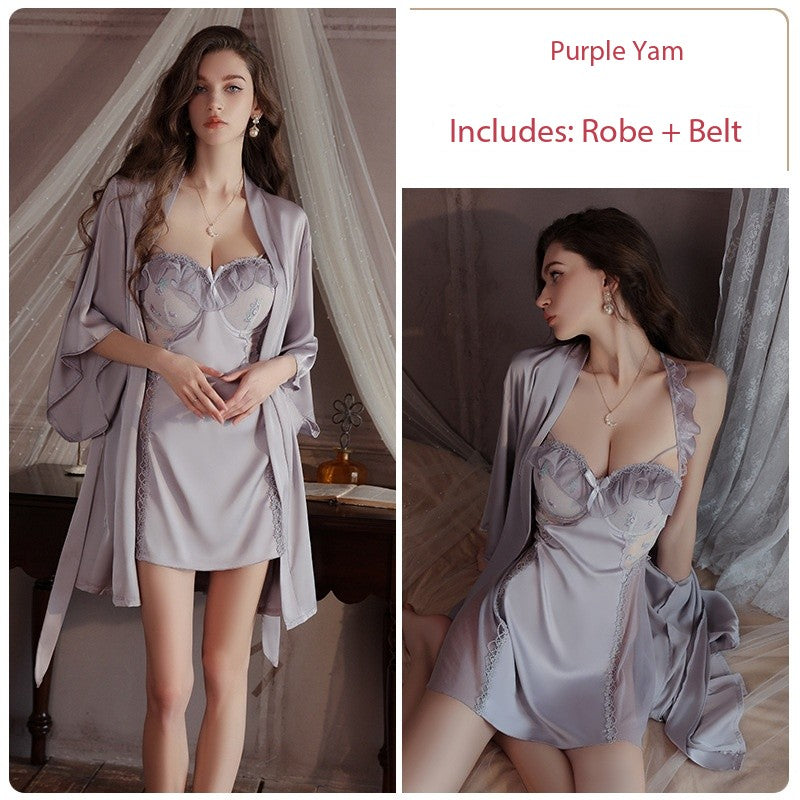 Satin Lingerie Set for Women – Ice Silk Nightdress with Padded Cups & Matching Robe