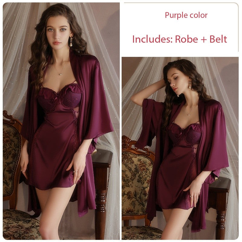 Satin Lingerie Set for Women – Ice Silk Nightdress with Padded Cups & Matching Robe