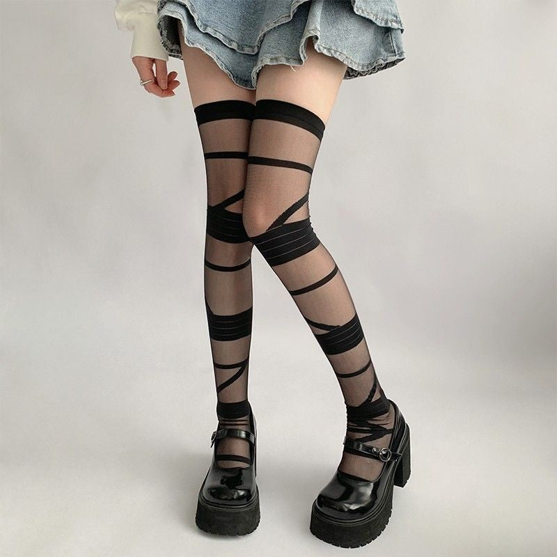 5 Pairs Japanese Bandage Style Over-the-Knee Socks – Black & White Striped Lolita Stockings