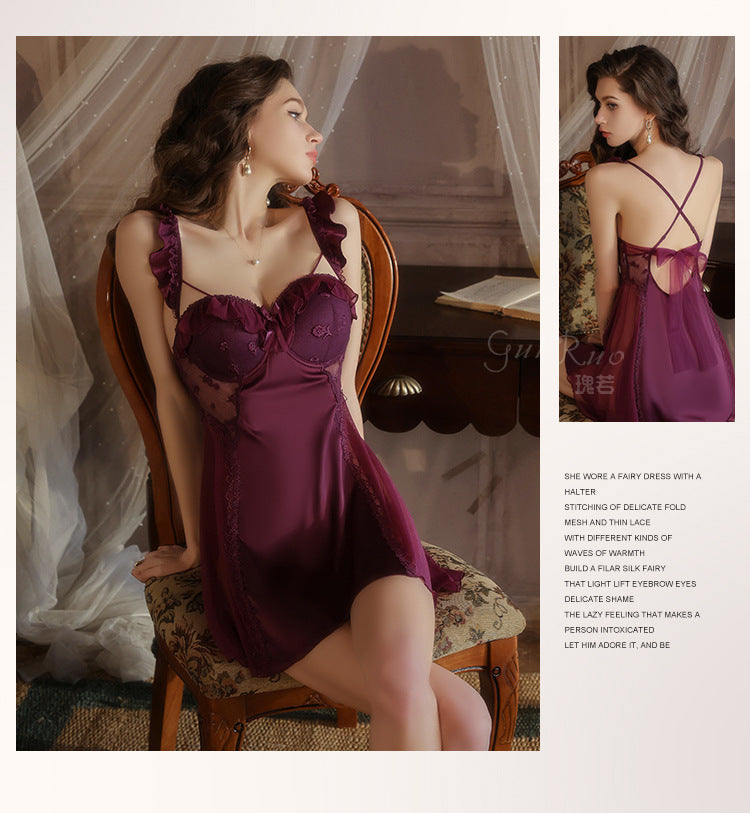 Satin Lingerie Set for Women – Ice Silk Nightdress with Padded Cups & Matching Robe