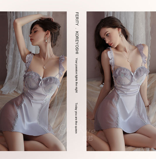 Satin Lingerie Set for Women – Ice Silk Nightdress with Padded Cups & Matching Robe