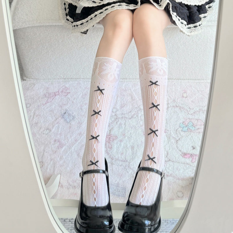 Two pairs of Lolita socks- Lolita Princess Lace Bow Knit Knee-High Socks – Cute Ballet Style Stockings
