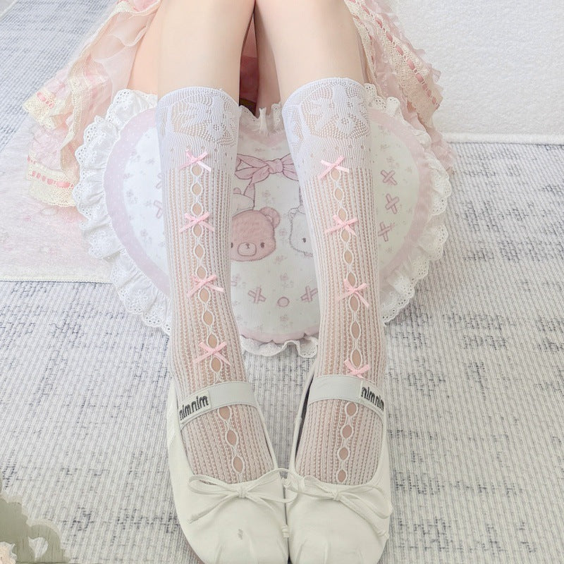 Two pairs of Lolita socks- Lolita Princess Lace Bow Knit Knee-High Socks – Cute Ballet Style Stockings