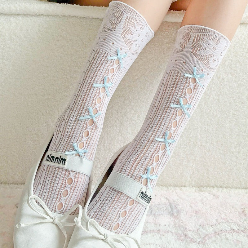Two pairs of Lolita socks- Lolita Princess Lace Bow Knit Knee-High Socks – Cute Ballet Style Stockings
