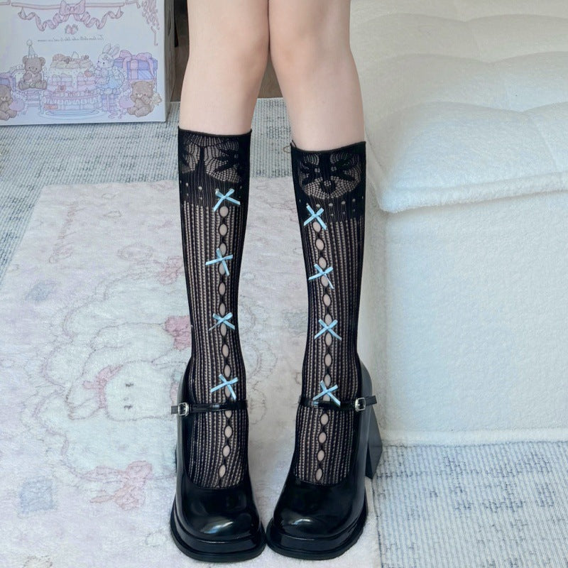 Two pairs of Lolita socks- Lolita Princess Lace Bow Knit Knee-High Socks – Cute Ballet Style Stockings