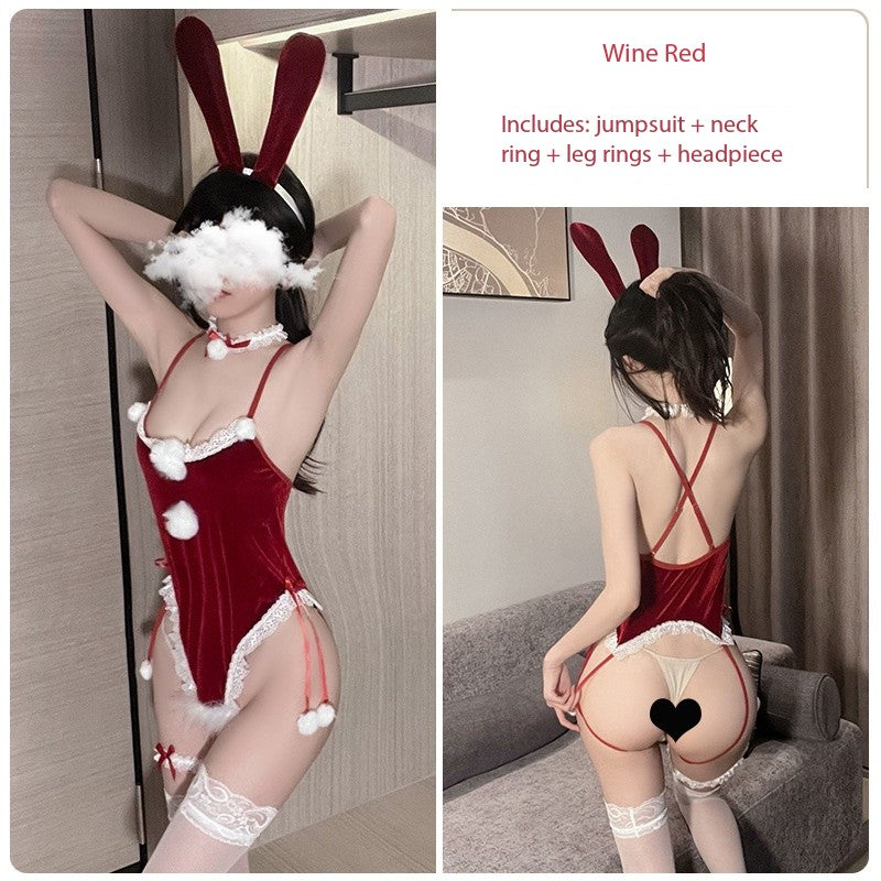 Velvet Bunny Lingerie Set - Sexy Backless Christmas Costume with Plush Trim