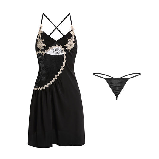 GuiRuo Satin Lace Sleepwear Set for Women, Cross Back V-Neck Silk-Like Nightdress with Robe